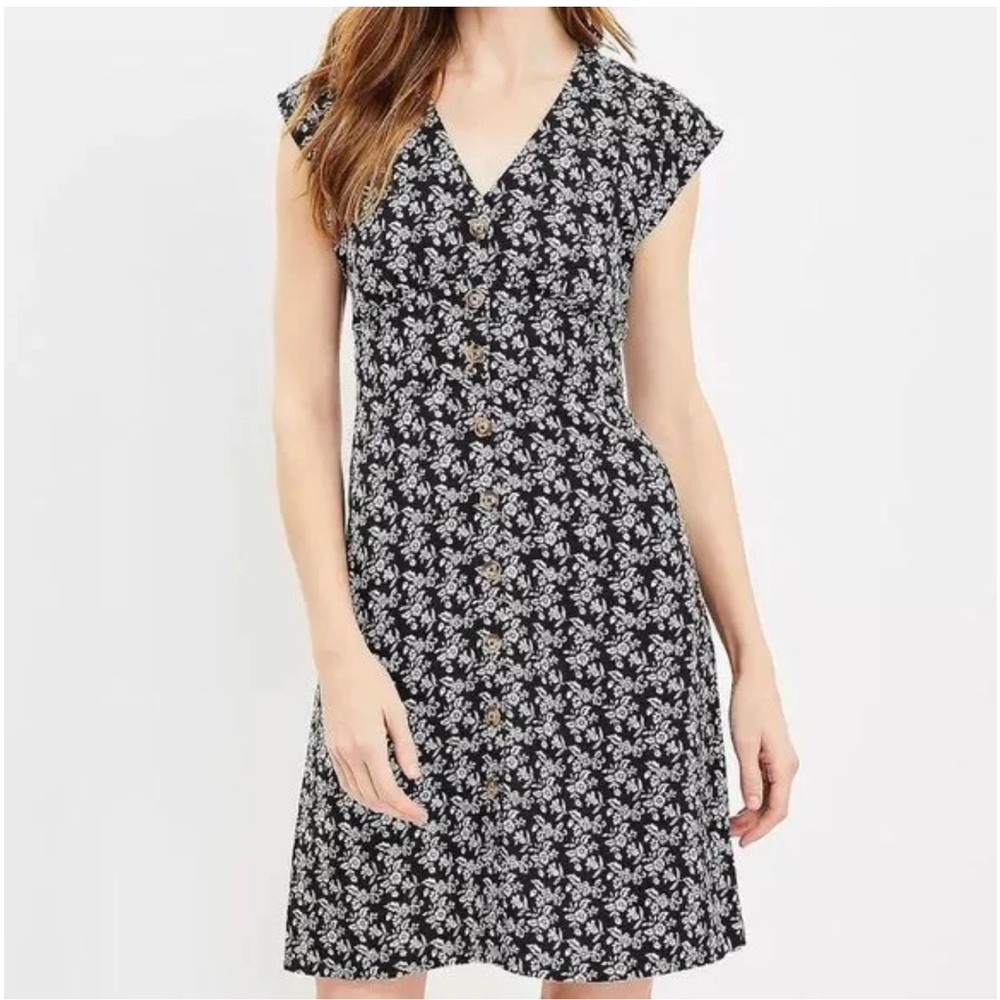 LOFT Black Floral Bloom Flare Button Down Dress